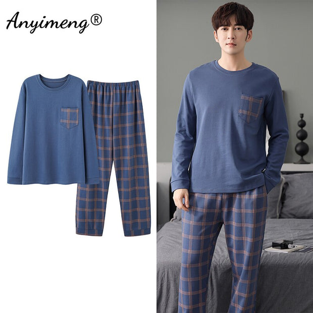 Autumn Long Sleeve Pajamas Set for Men Plus Size Sleepwear Kinttied Cotton Pajama