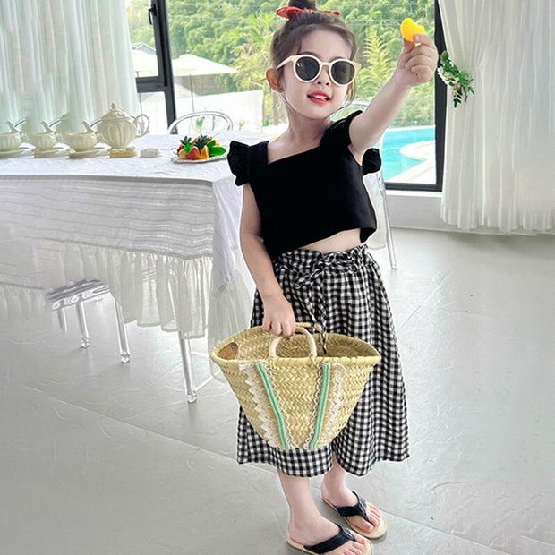 2Pcs Baby Girl Clothing Set Little Flying Sleeves Top And Plaid Wide Leg Pants