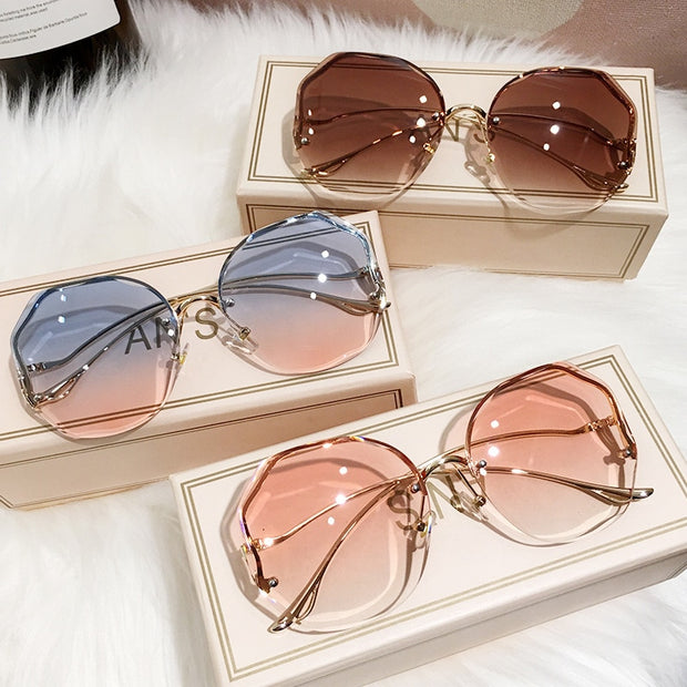 Fashion Tea Gradient Sunglasses Women Ocean Water Cut Trimmed Lens UV400