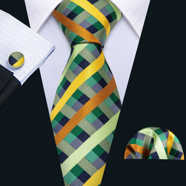 Fashion Green Plaid Men Tie Set Silk Jacquard Necktie Wedding Business
