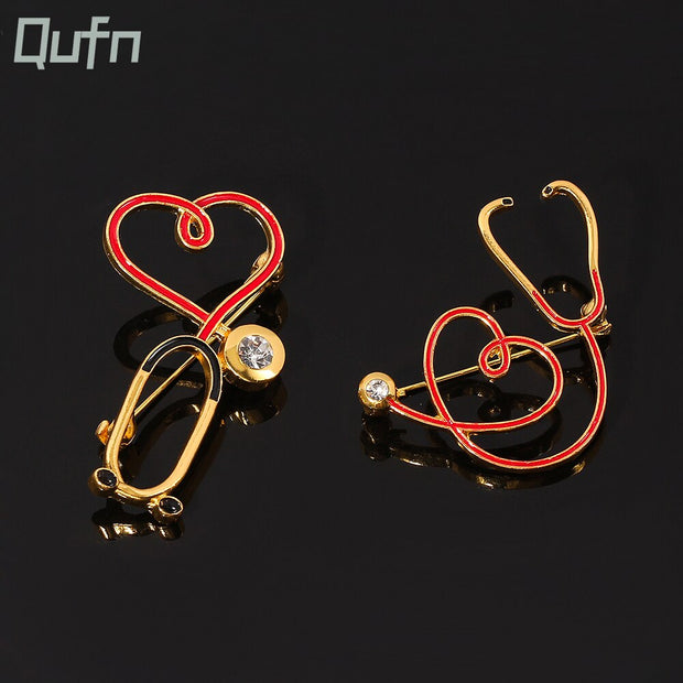 Fashion Medical Brooch Pin Stethoscope Electrocardiogram Heart Shaped