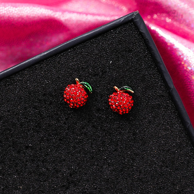 Red Cherry Strawberry Ear Stud Earrings Glitter Rhinestone Cute Fruit Dangler for Women