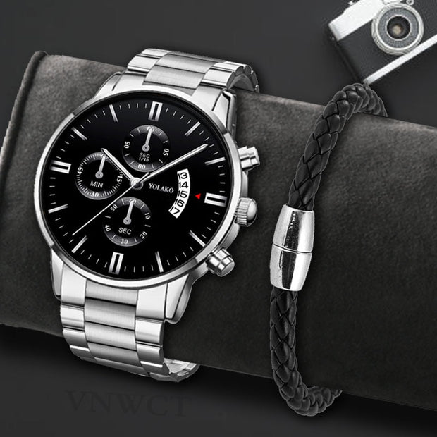 Fashion Stainless Steel Men Watch Bracelet Luxury Calendar Quartz Wristwatch