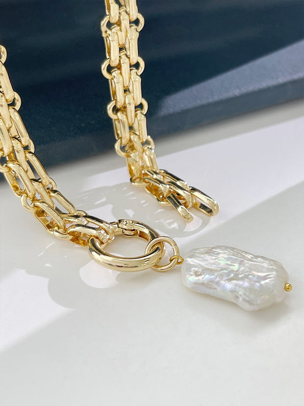 Large Square Natural Freshwater Pearl Pendant Chunky Chain Necklace