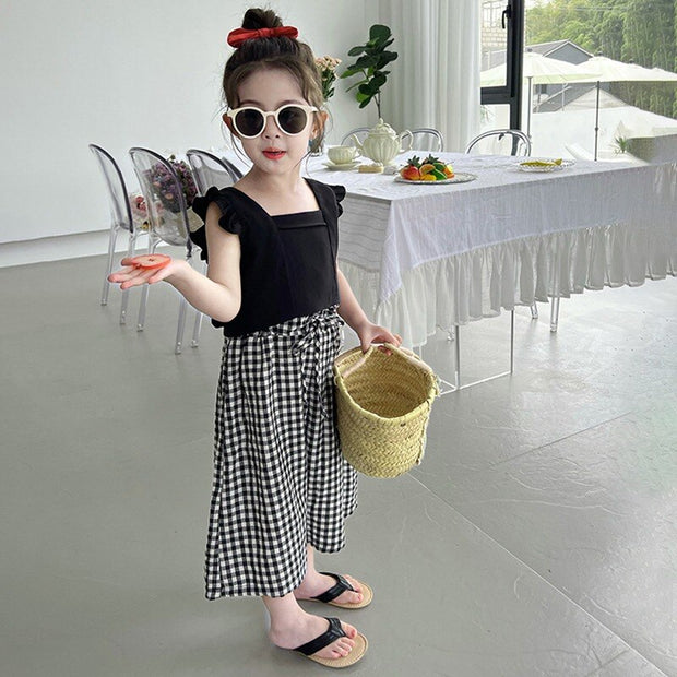 2Pcs Baby Girl Clothing Set Little Flying Sleeves Top And Plaid Wide Leg Pants