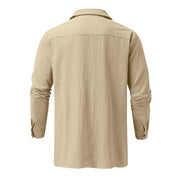 Mens Solid Color Blouse Pocket Cotton And Linen Shirt Long Sleeve Top