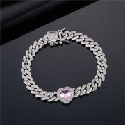 Hip Hop 12MM Bling Iced Out Cuban Chain With Heart Crystal Full AAA Pave Men Women