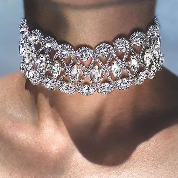 Statement Silver Color Big Crystal Stone Necklace Choker for Women