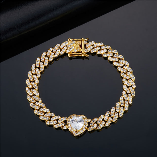 Hip Hop 12MM Bling Iced Out Cuban Chain With Heart Crystal Full AAA Pave Men Women